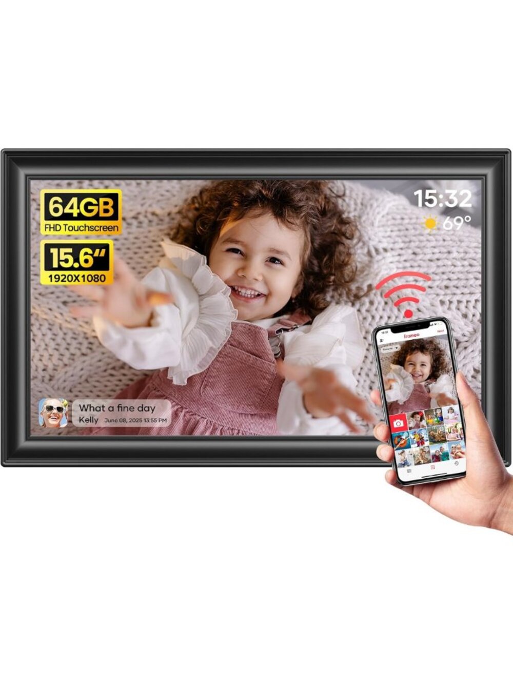 64GB WiFi Digital Photo Frame 15.6” - Large Electronic Picture Frame for